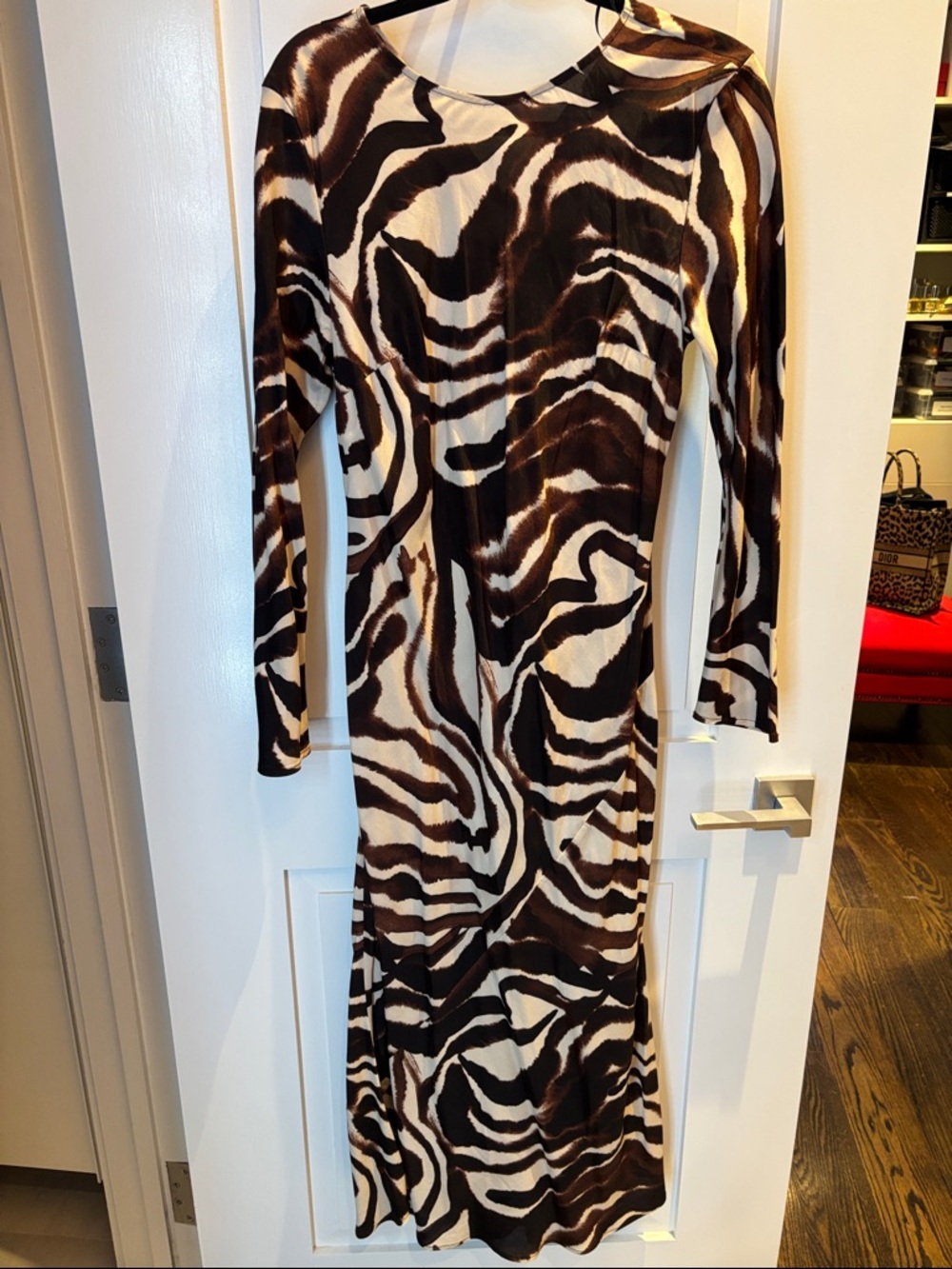 Primark Brown & Cream Long Sleeve Zebra-Print Bodycon Dress